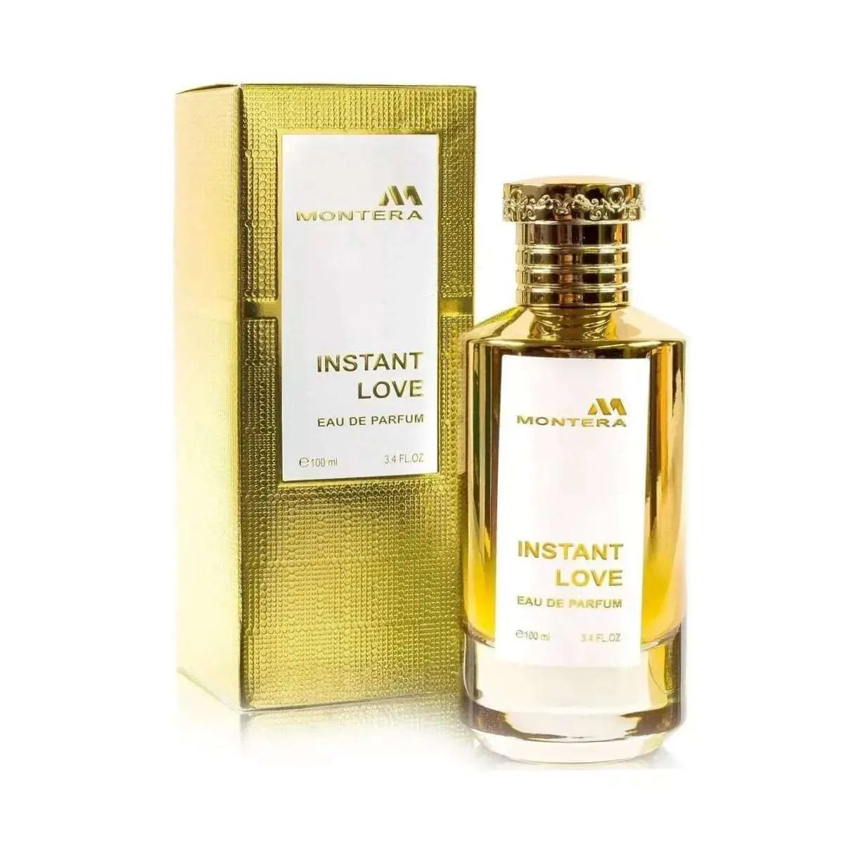 A Montera Instant Love Perfume in 100ml golden color bottle with it's packet