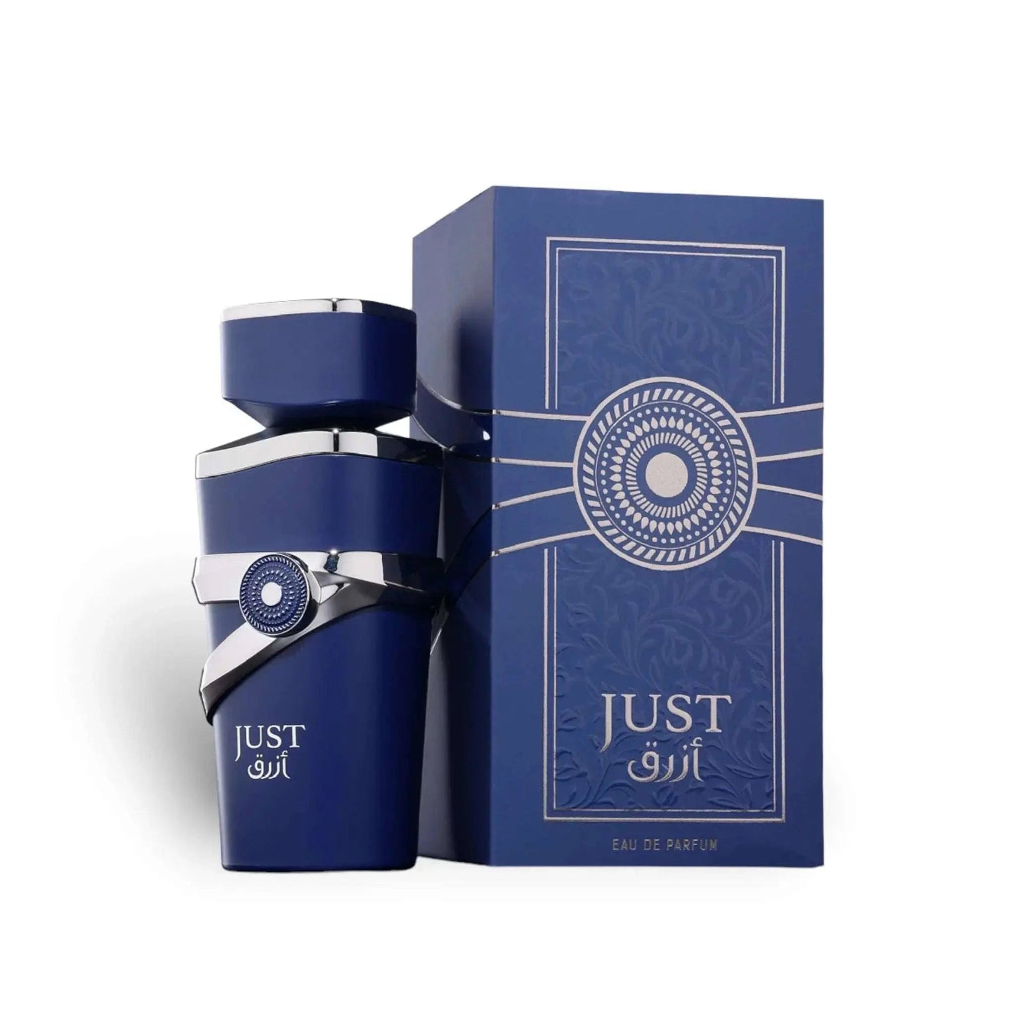 Fragrance World Just Azraq 100ml EDP Perfume Box and Bottle in white Backgrounds