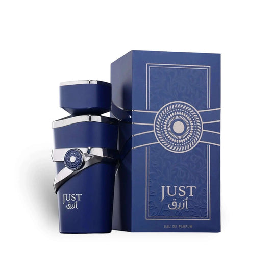Fragrance World Just Azraq 100ml EDP  Perfume Box and Bottle in white Backgrounds