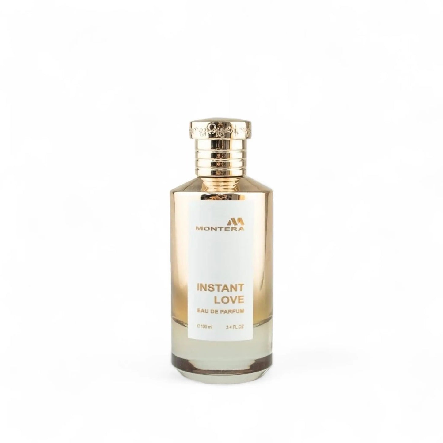 Montera Instant Love perfume in a 100ml golden bottle with backward white background