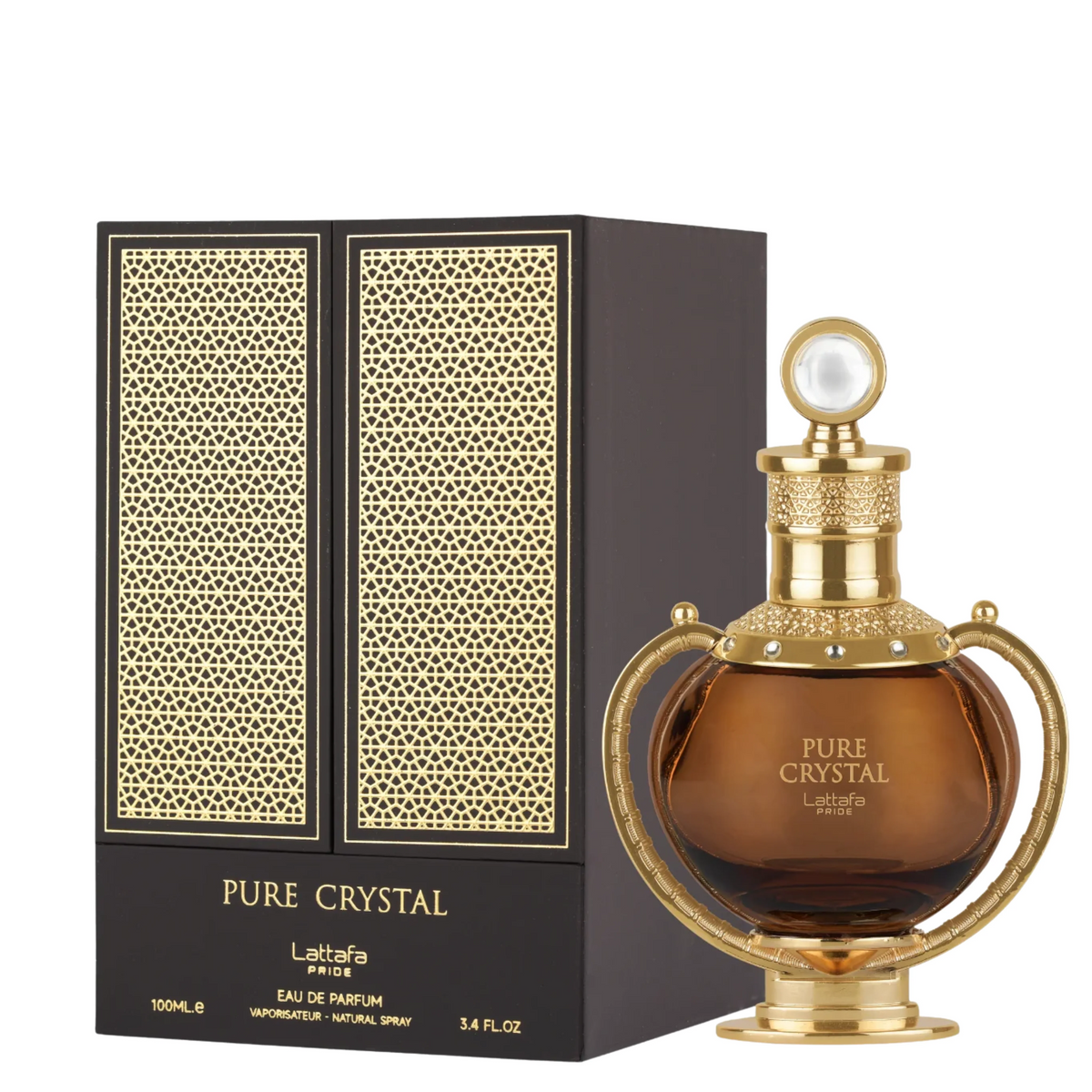 Pure Crystal Perfume 100ml EDP Lattafa Pride - An luxury perfume with a crystal cap and gold accents bottle