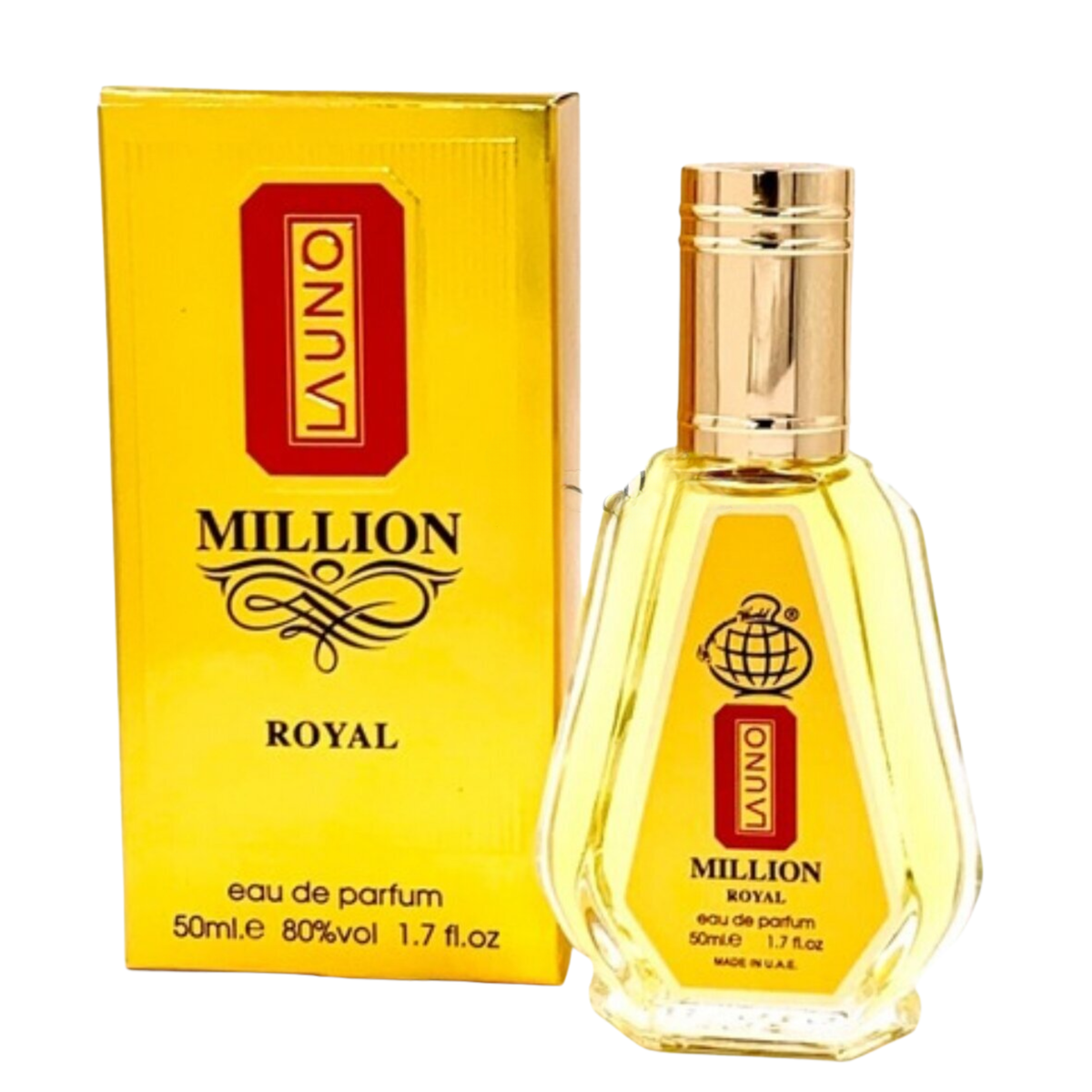 La Uno Million Royal 50ml EDP Fragrance World yellow bottle