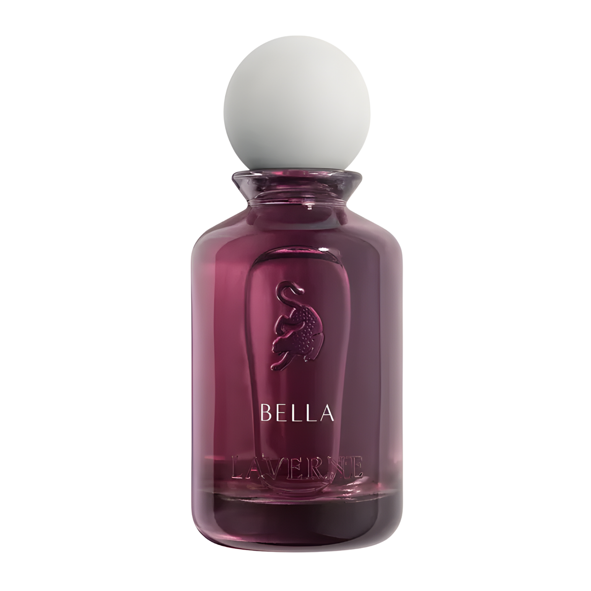 Bella perfume 100ml EDP by Laverne pink glass bottle with white cap on white background