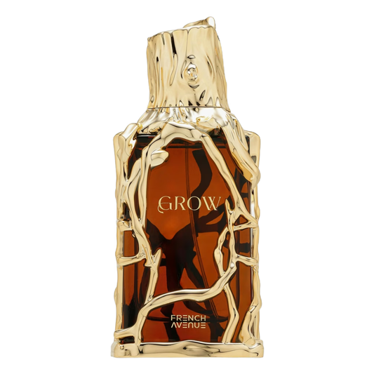 Grow Perfume 100ml EDP French Avenue is an oriental woody fragrance. amber colored bottle encased in an ornate gold vine like frame.