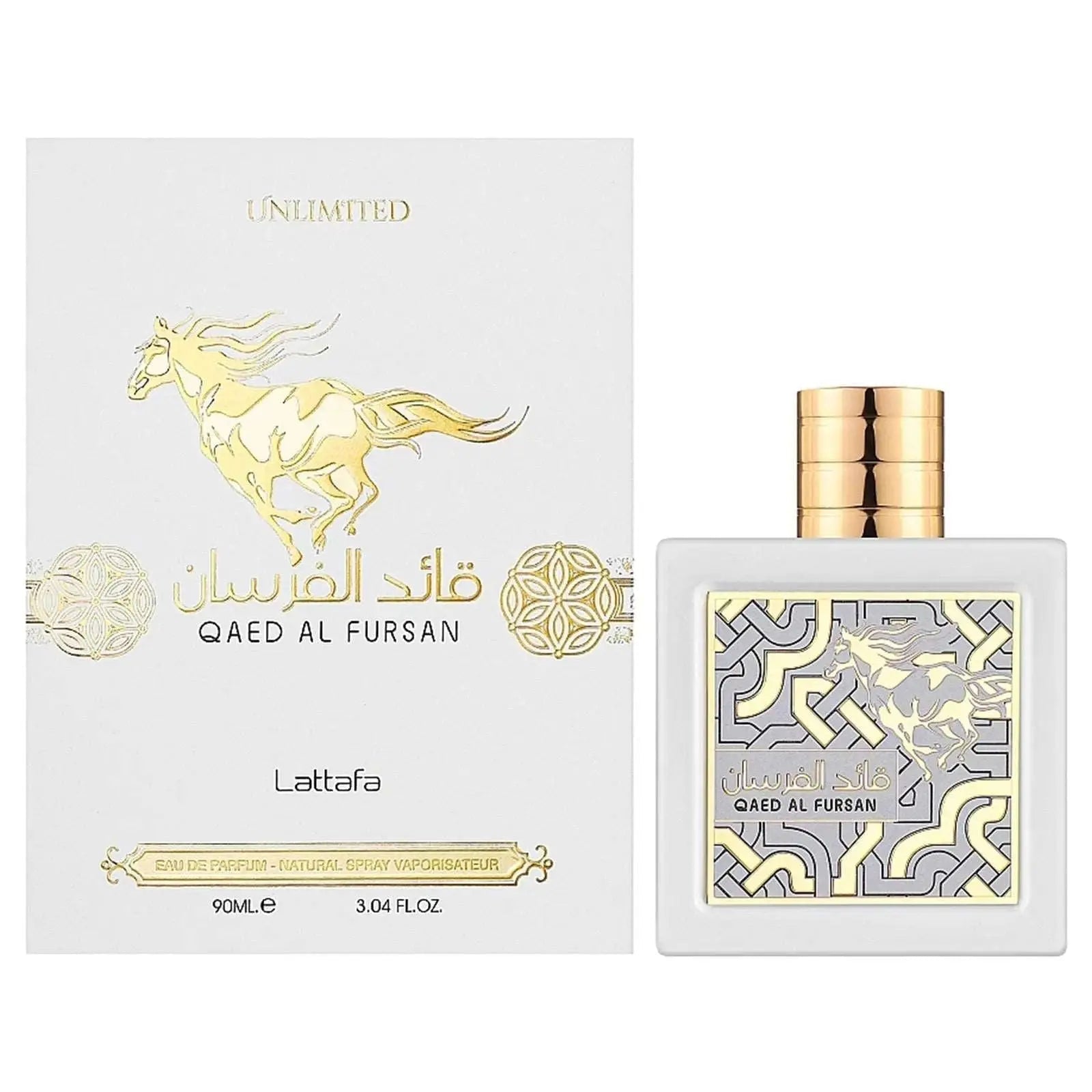 Lattafa Qaed Al Fursan Unlimited Perfume White Box & Bottle