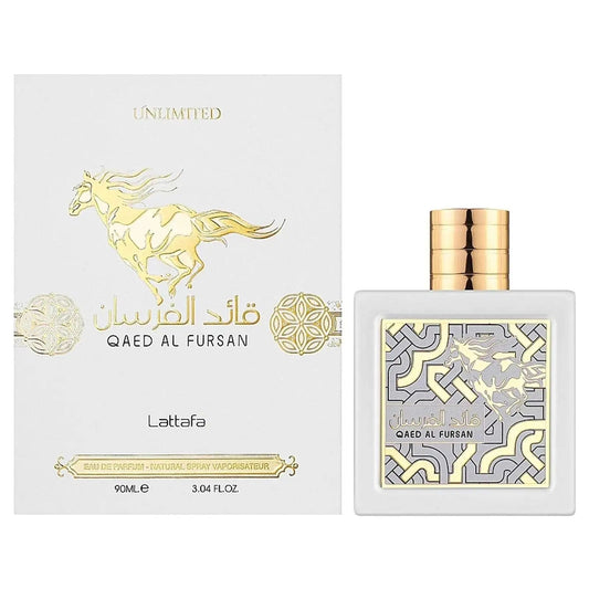 Lattafa Qaed Al Fursan Unlimited Perfume White Box & Bottle