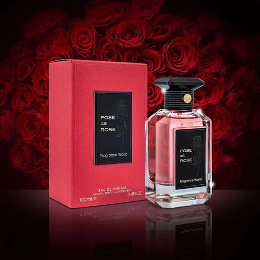Pose As Rose perfume 100ml EDP by Fragrance World Box and Bottle in Rose Background