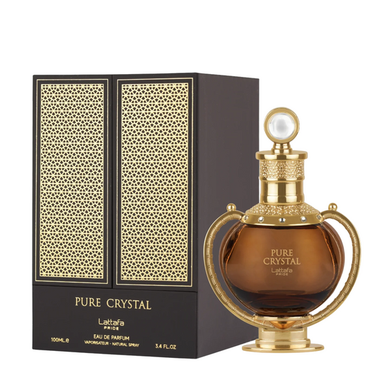 Pure Crystal Perfume 100ml EDP Lattafa Pride - An luxury perfume with a crystal cap and gold accents bottle