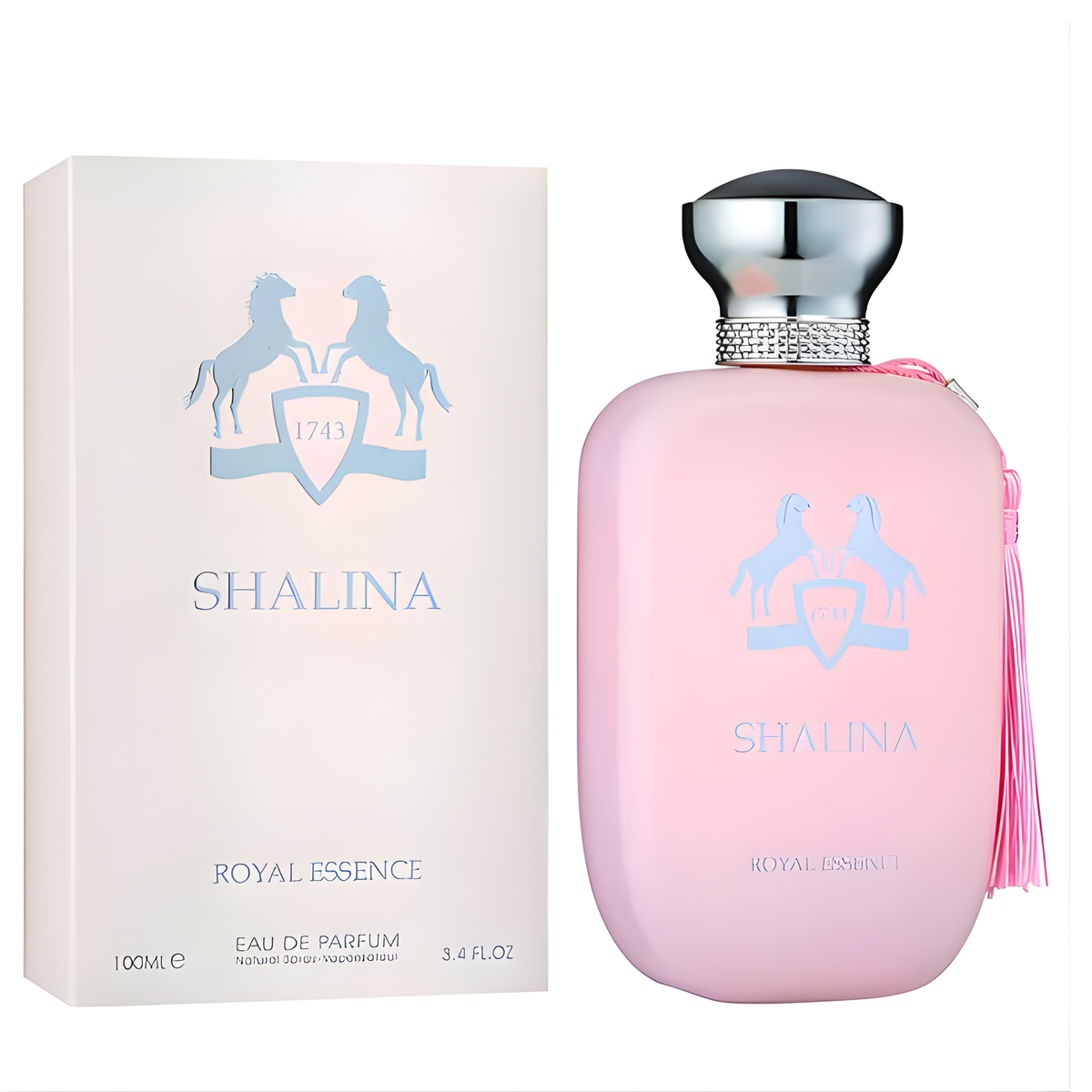 Shalina Royal Essence perfume 50ml bottle with pink glass design and branded packaging on white background
