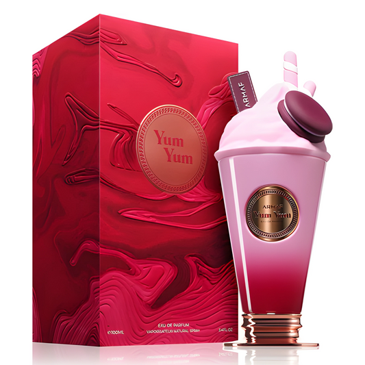 Yum Yum Perfume 100ml EDP Armaf - Sweet gourmand perfume pink and red bottle shaped like a milkshake with whipped cream cap