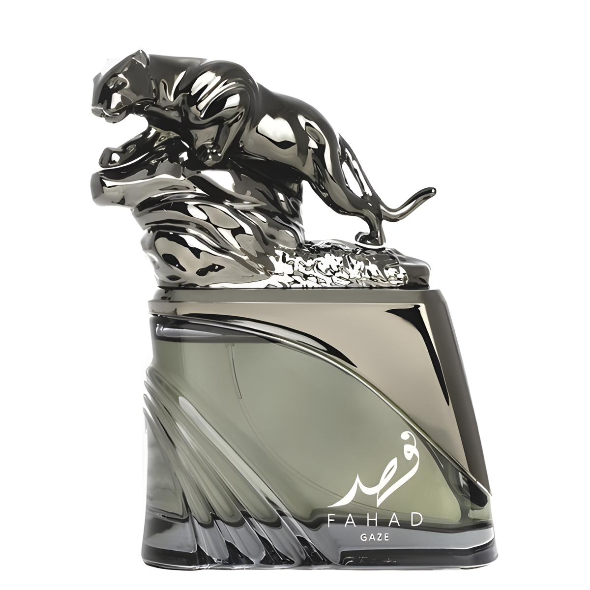 Fahad Grey perfume bottle with black lion cap luxury Arabian fragrance