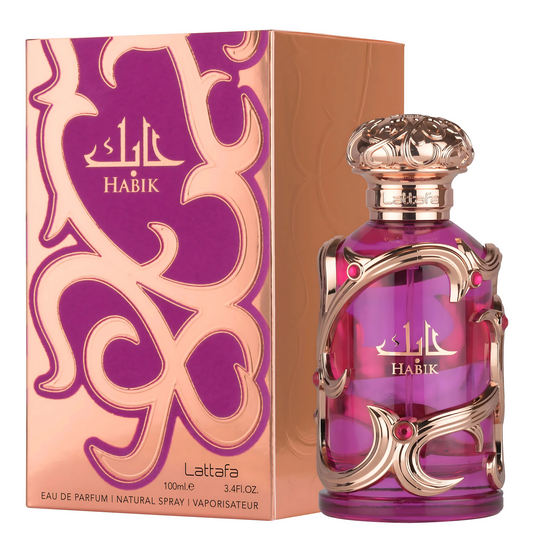 Habik Women Perfume 100ml EDP Lattafa - A luxury fragrance in a pink and gold bottle.
