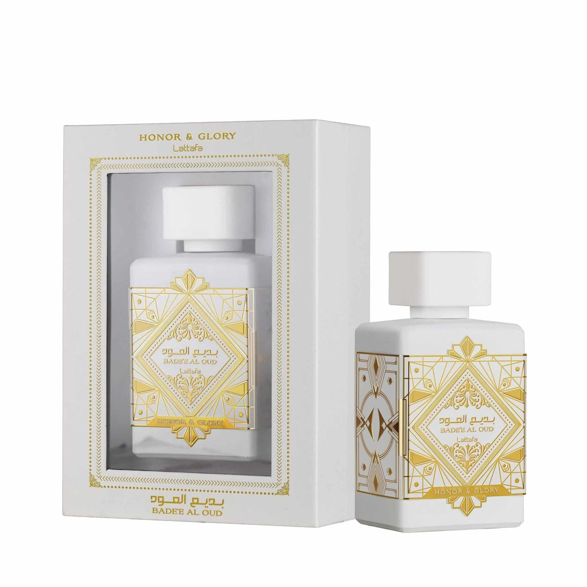 Lattafa Badee Al Oud Honor & Glory Perfume Box and Bottle