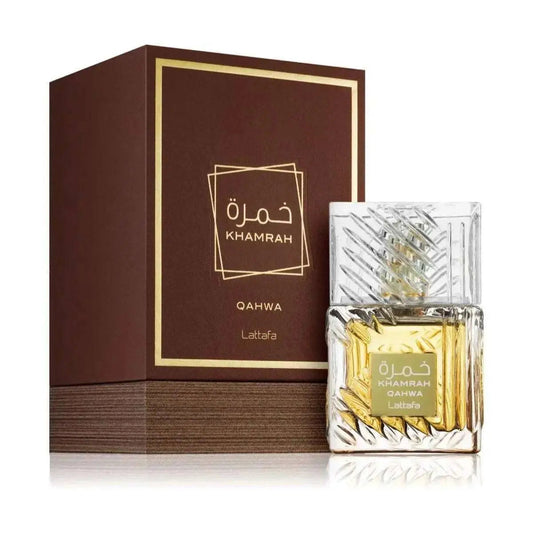 Lattafa Khamrah Qahwa Perfume 100ml EDP in white crystal bottle.